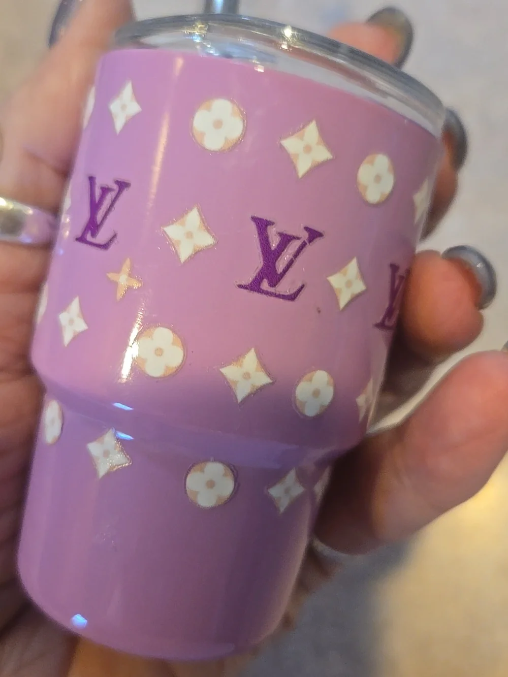 Mini Designer Inspired Purple Tumbler with Straw - Picture 6 of 7